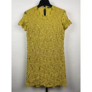 Zara Women Mustard Yellow Green Rope Floral Lace Short Sleeve Shift Dress Size S